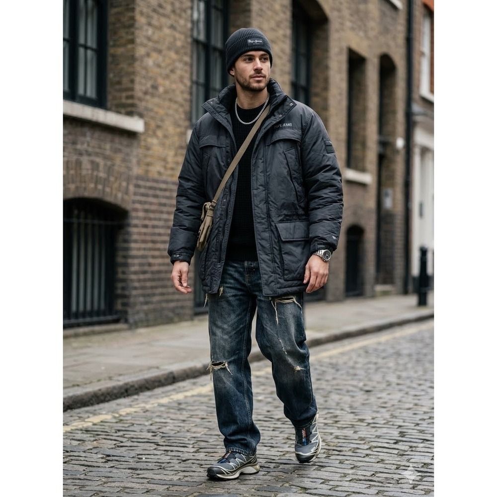Vintage 90/Y2K Pepe Jeans London Black Down Filled Puffer Parka Jacket Hooded XL